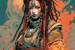 front facing portrait illustration of a grunge armored female , beaded dreadlock hair, cyberpunk vampire mercenary wearing an ancient ornate japanese kitsune mask , and shemagh, highly detailed with gritty post apocalyptic textures, caught in a cosmic maelstrom of swirling gases , finely detailed facial features and hair, in the graphic novel style of Bill Sienkiewicz, and Jean Giraud Moebius, ink wash and watercolor with realistic light and shadow