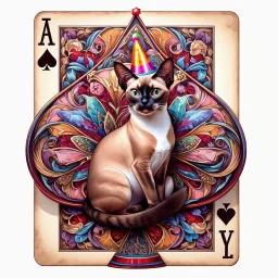 <lora:FiosMysticAura:1.0> <lora:FiosArcaneCards:1.0> A smooth, elegant sophisticated chocolate point Oriental shorthair Siamese cat, wearing a tiny party hat, emerges from a gigantic, intricately designed playing card, reminiscent of the whimsical styles of James Gurney, Chuck Jones, and Ash Thorp, with vibrant, dreamlike colors and delicate, hand-painted textures.