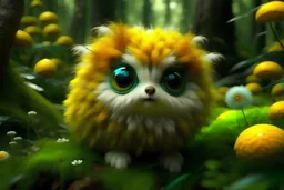 in a clearing in a fluffy forest sits a funny little animal that looks like a dandelion with fluff, with huge eyes. around the grass of fluffy balls, with fluffy bright colors delicate, colors, beautiful, realistic, professional photo, 4k, high detail, Catherine Welz Stein