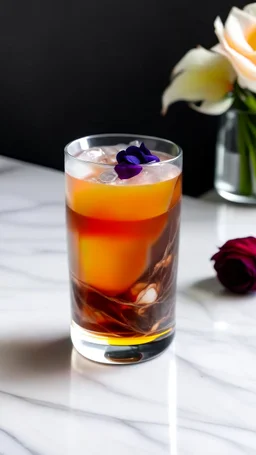 A modern twist on iced tea, with a sleek glass filled with sparkling tea infused with hints of lavender and rose, served on a marble countertop.