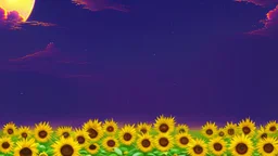 stylized, purple sky full of stars, sunflower field