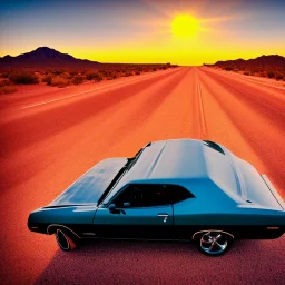 muscle car, desert road, sunset, full colour,