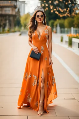 very beautiful ukrain lady wearing orange pretty maxi flared dress with hair silver crown ,standing idle pose