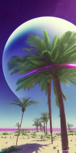 1980's aesthetic vaporwave curvy palm trees with spheres and ufo