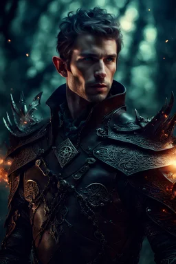 Fantasy male elf mage, wearing leather armor with glowing mystical symbols, standing in a forbidding ancient forest, intense, detailed, high resolution, fantasy portrait