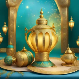 Greeting card, Ramadan, golden decorations, soft colors, Ramadan lantern with Ramadan cannon, a beautiful and deep surreal painting, Rococo 3D that highlights its exceptional quality, 8K shot, an ultra-realistic digital painting, a beautiful portrait, a very beautiful portrait, green and blue color, very realistic digital art captured with a Hasselblad medium format camera with a macro lens. 100 mm. An unmistakable cinematic image, daylight