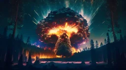 giant radioactive explosion destroy a forest, night starry sky in background, 8k resolution, photorealistic, ultra detailed