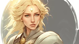 Generate a dungeons and dragons character portrait of the face of a female cleric of peace She has blonde hair and is surrounded by holy light
