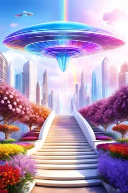 Ufo rainbow, futuriste ultra moderne,stairway to heaven,crystal very beautiful city,flowers garden,angels