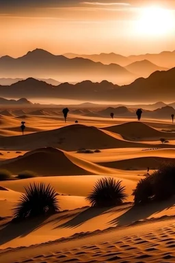 Desert sand dunes with some herd of camels with sunset mountains sandy rocky palm lake lakes
