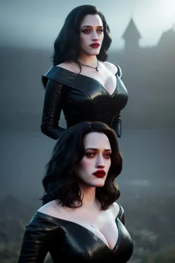 Kat Dennings as evil queen in black leather gown, cleavage, angry, stern look, unreal 5, octane render,cinema4d, dynamic lighting, dramatic lighting, 4k, redshift render, highly detailed, hyper realistic