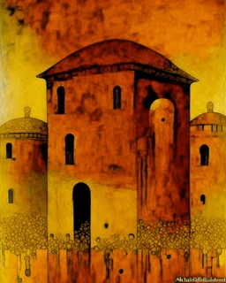 Golden yellow ancient ruins in daylight painted by Gustav Klimt