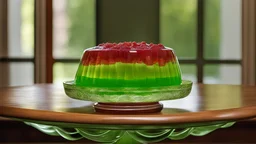 photorealistic beautiful layered JELL-O 1950's in crystal dish sitting on an a polished oak table by window. Walls are pistachio green color.