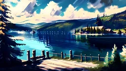 Couer D Alene lake drawn in rpg painterly art style