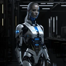 a raw photo of a fembot stand near a human, natural lighting ,looking at the viewer, attractive, accessories, highly detailed, blue eyes, conceptual, science fiction--v6, full body, artstation, deviantart