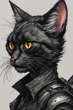 create a wild caricature of a grizzled streetwise cyberpunk female mercenary Black cat, highly detailed with refined feline features in the cartoon caricature style of Gerald Scarfe , precisely drawn, boldly inked, vividly colored, 4k