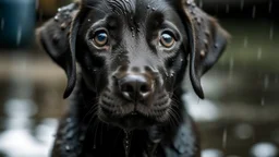 A wet black labrador puppy with big eyes and worried expression, sitting in heavy rain