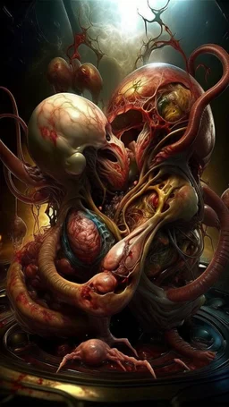 cinematic gore Bosch versus Dali style photorealistic fleshy vortex dmt lsd photo of 2 conjoined mangled insectoid embryonic bodies making love, 1 soul vortex, complementary, anatomically fragmented, ripped apart again being flayed, skinned alive. A beating heart, muscles, blood vessels, bowels, entrails are exposed. Visceral anatomy. physiology. Bosch and Dali inspired hallucinations. mythology. grotesque.