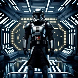 star wars bald male corellian pilot wearing gunmetal grey and black First Order TIE pilot armored flightsuit and helmet with gold trim inside the jedi temple, centered head and shoulders portrait, hyperdetailed, dynamic lighting, hyperdetailed background, 8k resolution, volumetric lighting, light skin, fully symmetric details