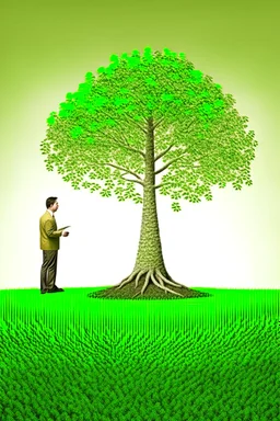 money does grow on trees small man looking at big money tree