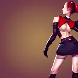 female soldier wearing miniskirt, wearing thighhighs, pretty face, red lips kissy face, pigtails hairstyle, wide shot, zoomed out, looking at camera, trending on artstation