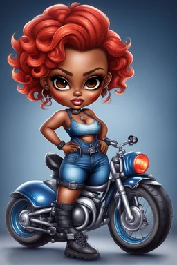 create an airbrush illustration of a chibi cartoon voluptuous black female wearing a blue jean outfit with biker boots. Prominent make up with hazel eyes. Extremely highly detail of a very low red pixie haircut. Background of a bike show.