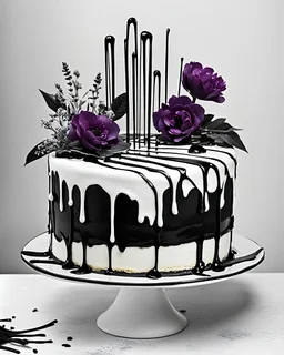drip cake style with the elegance of edible flowers for a visually stunning cake ,colouring page,white background, bold black lines, simple details, black and white