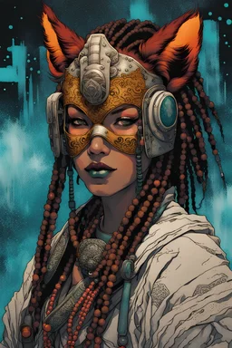 front facing portrait illustration of a grunge armored female , beaded dreadlock hair, cyberpunk vampire mercenary wearing an ancient ornate japanese kitsune mask , and shemagh, highly detailed with gritty post apocalyptic textures, caught in a cosmic maelstrom of swirling gases , finely detailed facial features and hair, in the graphic novel style of Bill Sienkiewicz, and Jean Giraud Moebius, ink wash and watercolor with realistic light and shadow