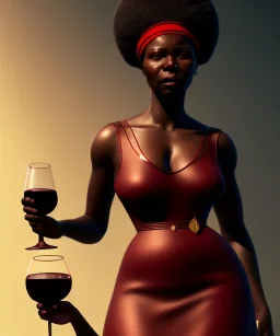 Negra Francisca, beautiful, curvy body, mature African slave, simple red fabric dress, beautiful long black hair, red headband, head and shoulders portrait, holding glass of wine, 8k resolution concept art portrait by Greg Rutkowski, Unreal Engine 5 volumetric lighting