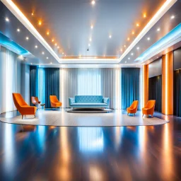 beautiful dance stage in luxury modern hall dynamic lights, modern furniture light blue & orange theme