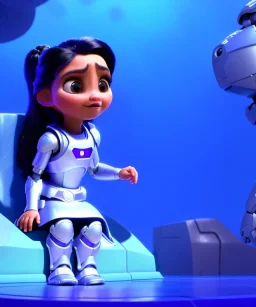 little girl sitting inside a big robot suit, white and purple