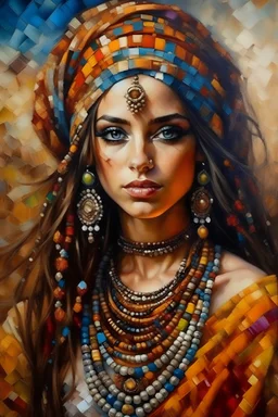 Artistic painting by paintbrush, Portrait of Arabic girl on the desert, in turban and dreadlocks, heavy makeup, loads of jewellery, painted by in style of mosaics of Turner