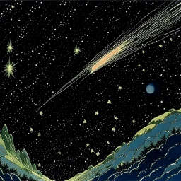 A black outer space with fast shooting stars painted by Katsushika Hokusai