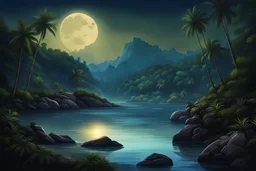 каменистый берег широкой реки вид с воды по направлению течения ночь с обеех сторон реки джунгли вдалеке скалы и водопад ночь свет луны
