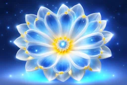 cosmic open flower light blu and white with yellow in the inside. it's glossy and as a crystal. the background is a light sky with stars galaxy and bright
