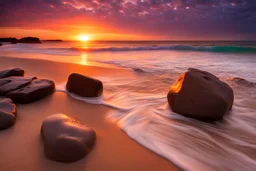 Amazing sunset, rocks, sea, waves, seashore, sand, photography