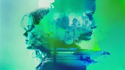 Dreaming in Digital, color: lime green to dark blue, (((ink leak))), (((negative space))), (((double exposure))),