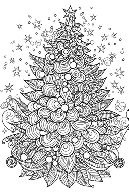 Simple outline drawing of beautifully decorated Cahristmas tree with ornaments, lights, and a shining star on top for coloring book