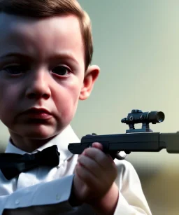 James bond toddler, full body, gun, car, dramatic lighting, hyper realistic