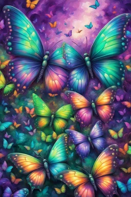 vibrant psychedelic oil painting image, airbrush, 64k, cartoon art image of background purple and green BUTTERFLIES , dystopian