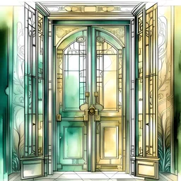 sketch of art deco style speakeasy door with realistic textures, very loose ink and soft watercolor washes