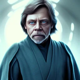 upper body photorealistic jedi mark hamill in Star Wars, sharp blue eyes, photorealistic weathered skin, jedi robe, cinematic lighting