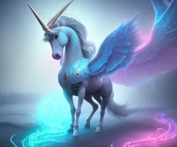 surreal illustration of a colors frozen ground, realistic, surrealism, surreal unicorn with glowing wings, glowing soft and smooth wings, shadow, abstract surreal fantasy art, highly detailed, intricate patterns on wings, soft studio lighting, smooth dark blue background 64k