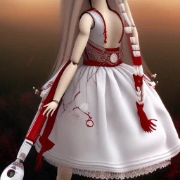 A girl's doll wearing a white dress with red blood bleeding from the back