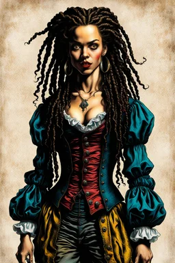 full body colored etching of a malevolent, predatory vampire buccaneer girl with highly detailed dreadlock hair and facial features ,in the style of Rembrandt, Gian Lorenzo Bernini, and Johannes Vermeer, with a fine art aesthetic, highly detailed , realistic , 4k UHD