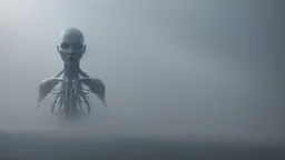 photoreal alien with grey skin as powerful tree with lightning eyes in heavy grey blue mist in a dusty attic at night by lee jeffries, 8k, high detail, smooth render, unreal engine 5, cinema 4d, HDR, dust effect, vivid colors