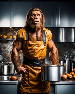 Hombre de Neandertal con traje de chef de cocina, fondo cocina, calidad ultra, hiperdetallado, colores contrastantes