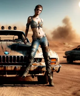 Realistic image. Portrait. Mad max car. woman in the foreground. BMW 4 series. 4k resolution, intricate details, ornate details, soft lighting, vibrant colors, mad max background