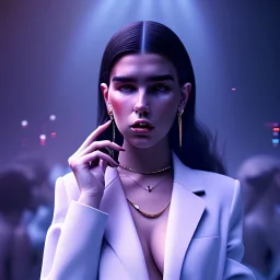 Mystery dua lipa, Ambiance dramatique, dramatic lighting, volumetric lighting, concert background, hyperrealisme, 8k, high quality, lot of details, fit within portrait