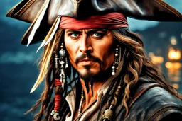 Johnny deep in 8k cgi game drawing style, Jack Sparrow them, pirate custom, close picture, rain, Ocean, intricate details, highly detailed, high details, detailed portrait, masterpiece,ultra detailed, ultra quality